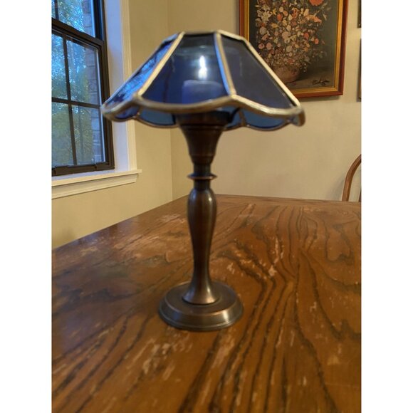Handmade Stained Glass Blue Tealight Candle Lamp With Brass Base - Picture 4 of 7